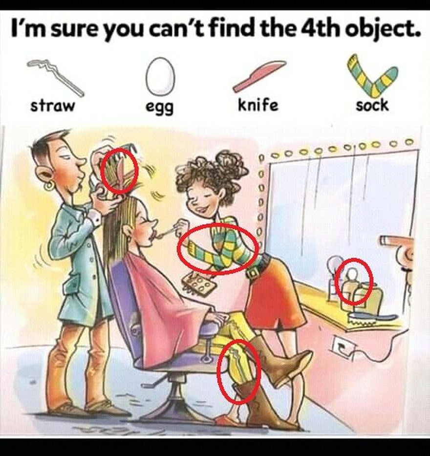 Find Straw, Egg, Knife, Sock.