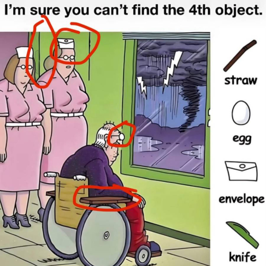 Find Straw, Egg, Envelope, Knife.