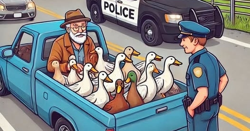 A policeman pulls over an old man driving a pickup truck