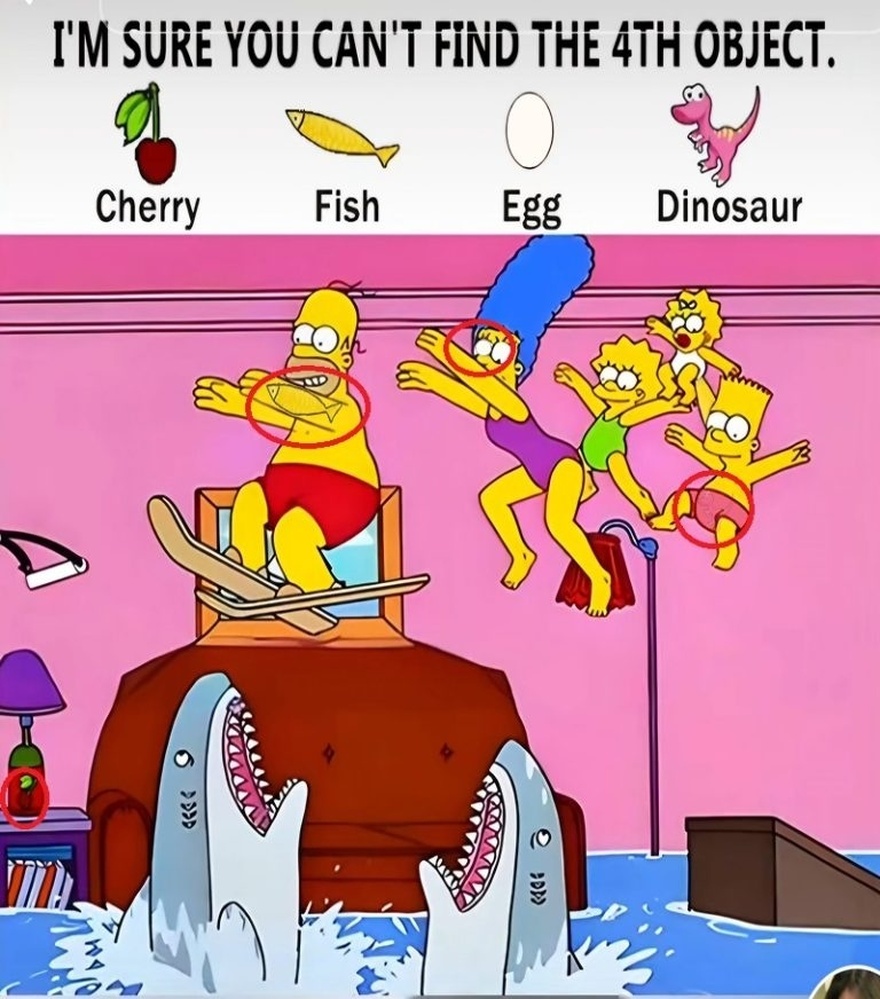 Find Cherry, Fish, Egg, Dinosaur.