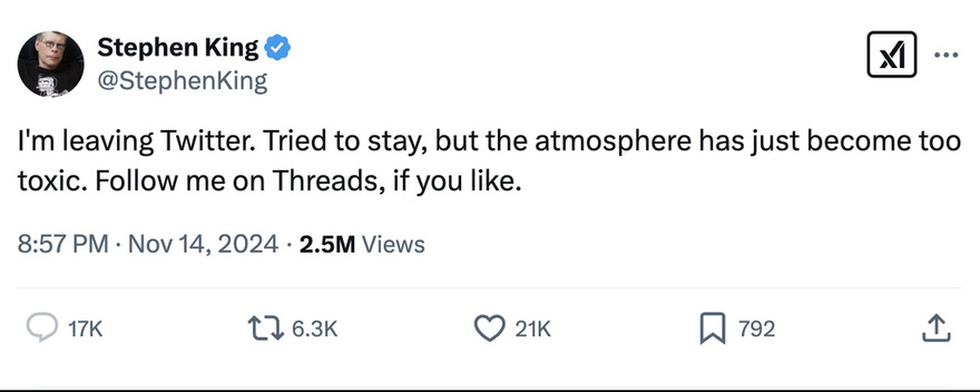 Stephen King hits out at Donald Trump and Elon Musk on X