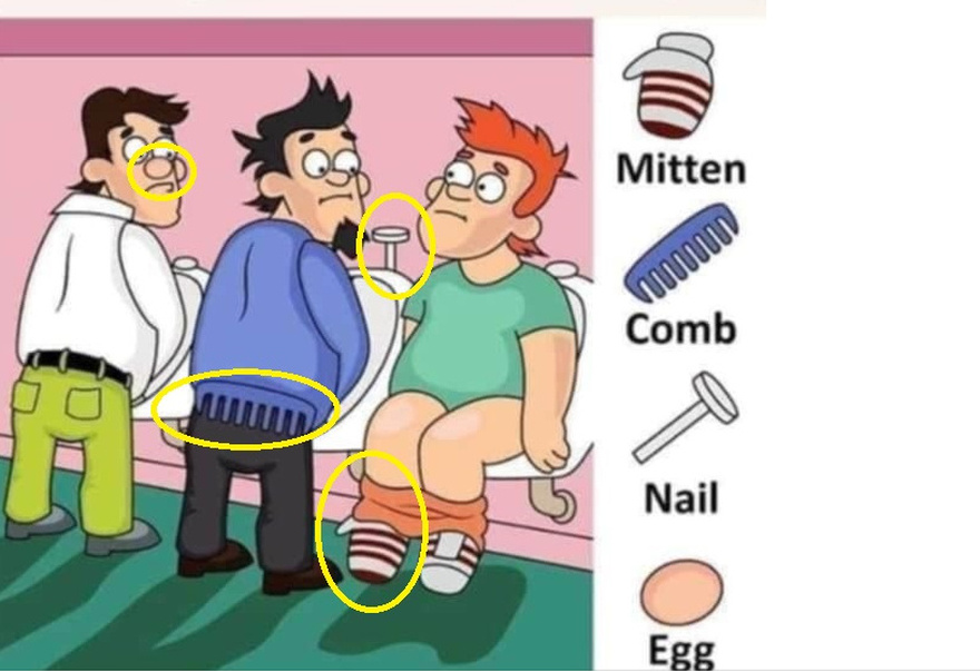 Find Mitten, Comb, Nail, Egg.I’m sure you can’t find the 4th object