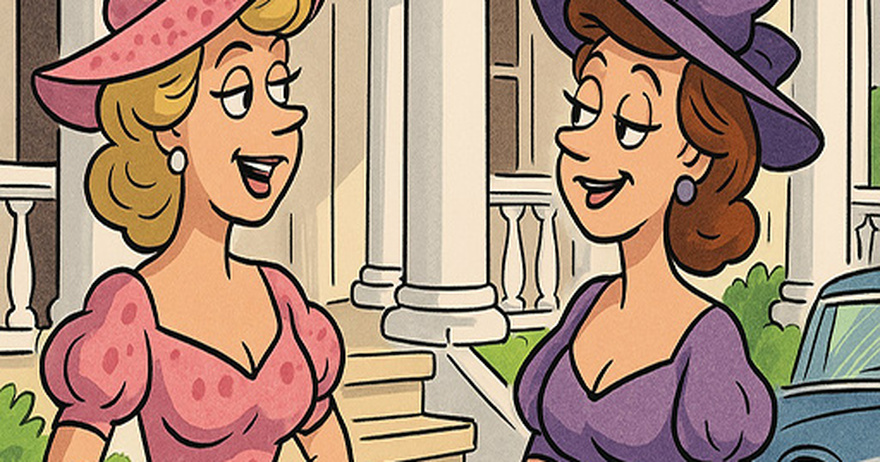 Two Southern Belles were chatting on the porch of a grand white-pillared mansion.