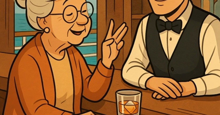 A lady orders a Scotch with two drops of water.