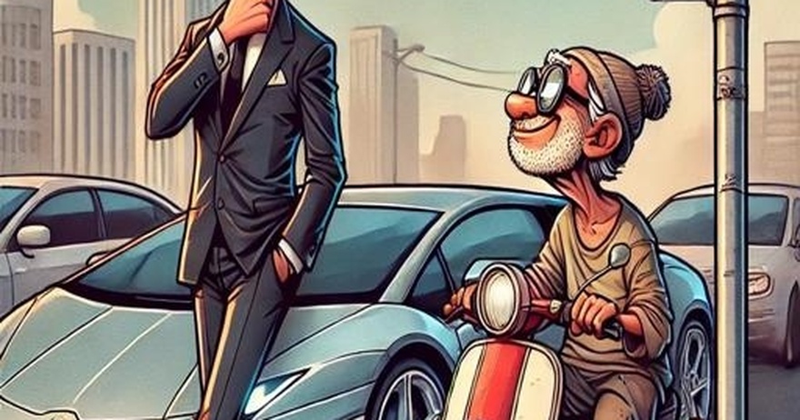 A rich man buys a new Lamborghini.