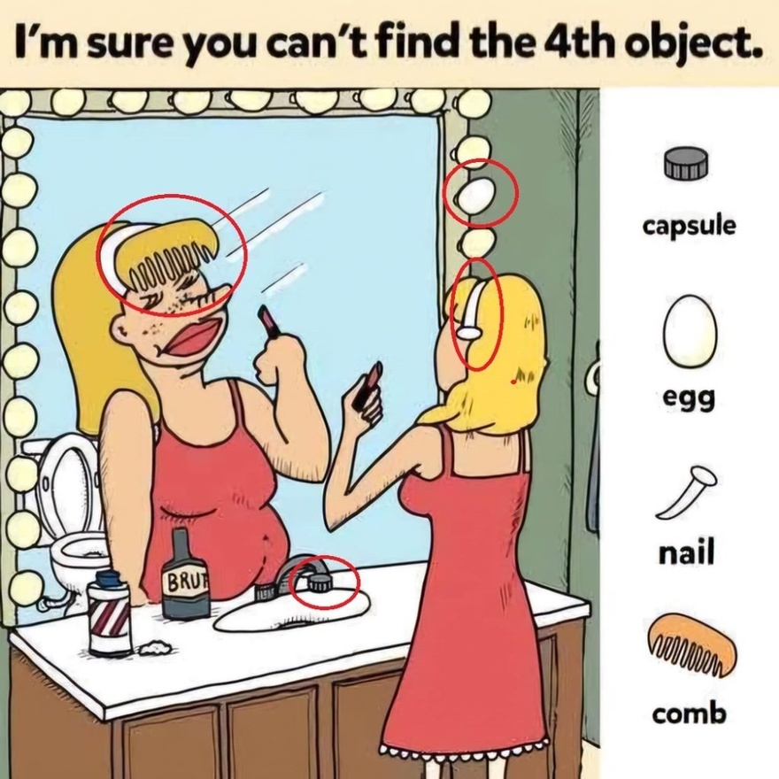 Find Capsule, Egg, Nail, Comb.