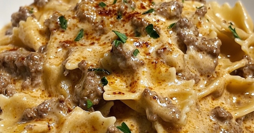Creamy Parmesan Garlic Beef Bowtie Pasta