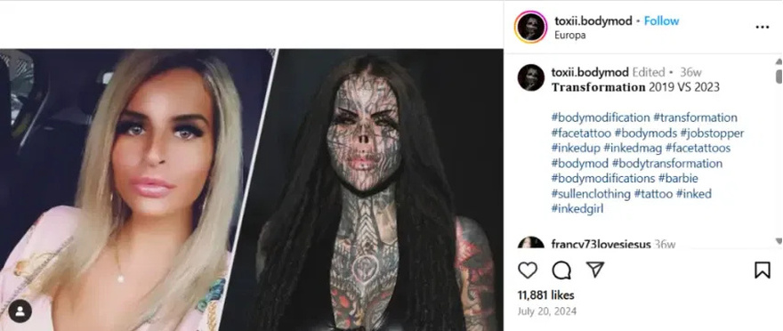 Tattooed woman who keeps her nose in a jar – before and after