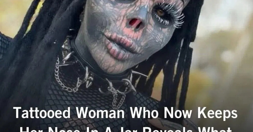 Tattooed woman who keeps her nose in a jar – before and after